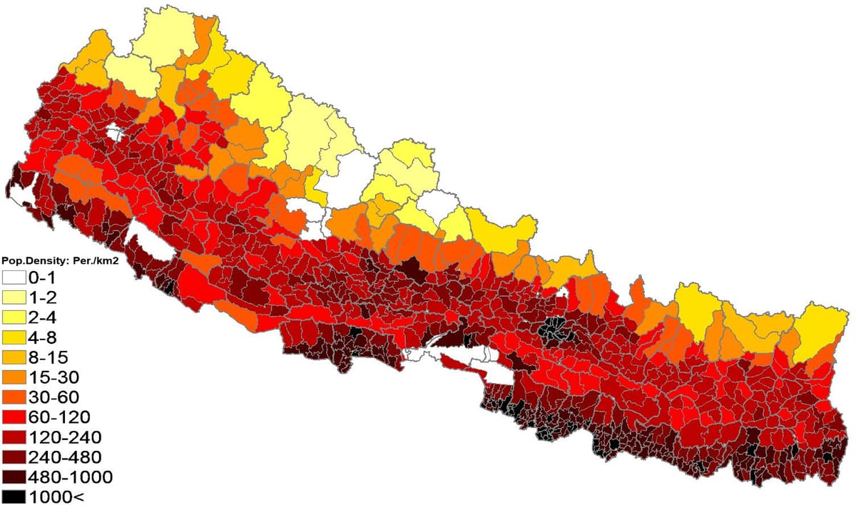 ನೇಪಾಳ ಜನಸಂಖ್ಯೆಯ ಸಾಂದ್ರತೆ ನಕ್ಷೆ